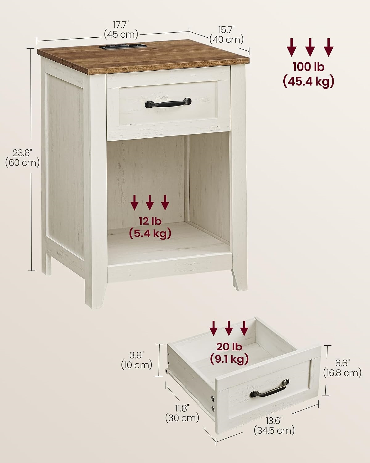 Country-style bedside table with charging station, two-piece set, bedside table with drawers and open shelves, suitable for bedroom.
