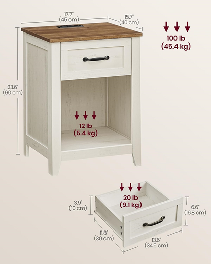 Country-style bedside table with charging station, two-piece set, bedside table with drawers and open shelves, suitable for bedroom.