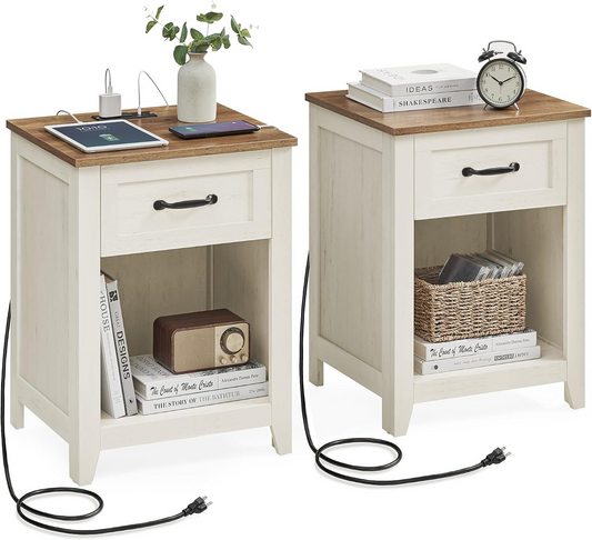 Country-style bedside table with charging station, two-piece set, bedside table with drawers and open shelves, suitable for bedroom.