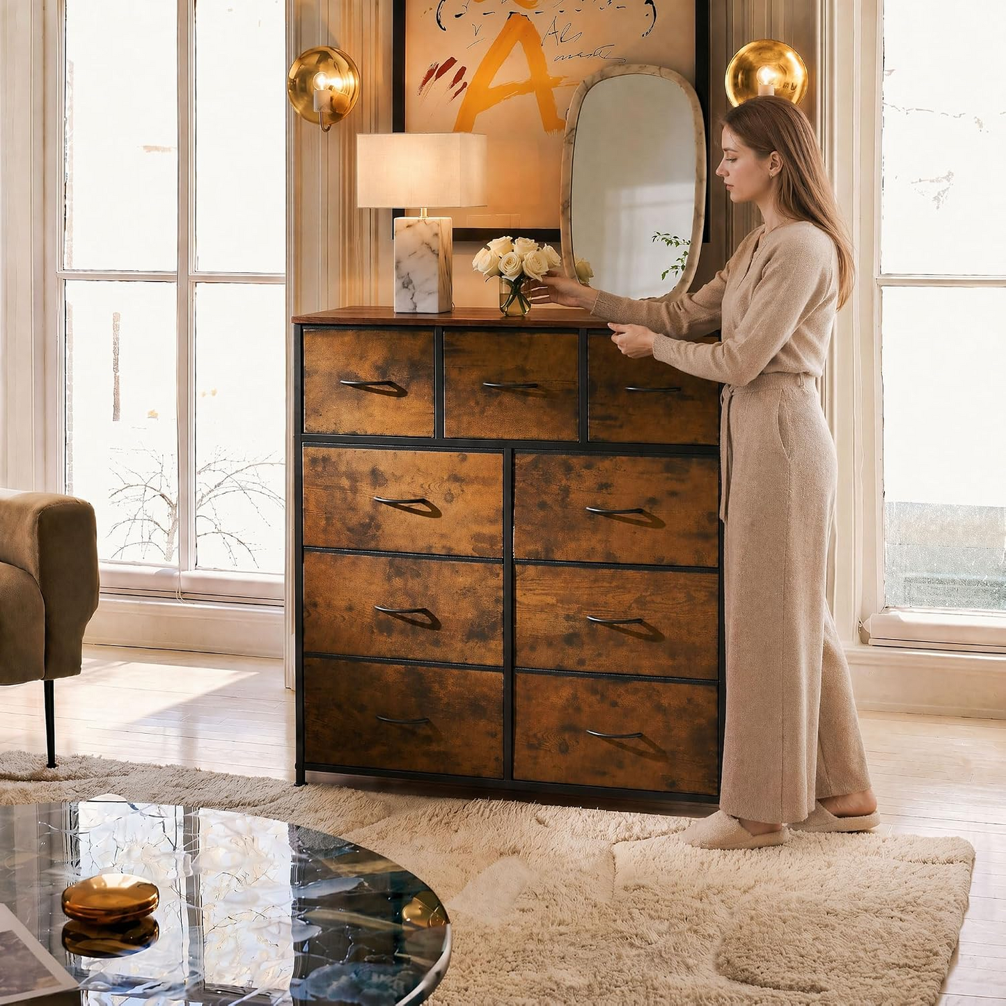 Nine-drawer wardrobe, fabric storage unit, suitable for bedrooms, hallways, entryways, and walk-in closets. Tall cabinet storage unit.
