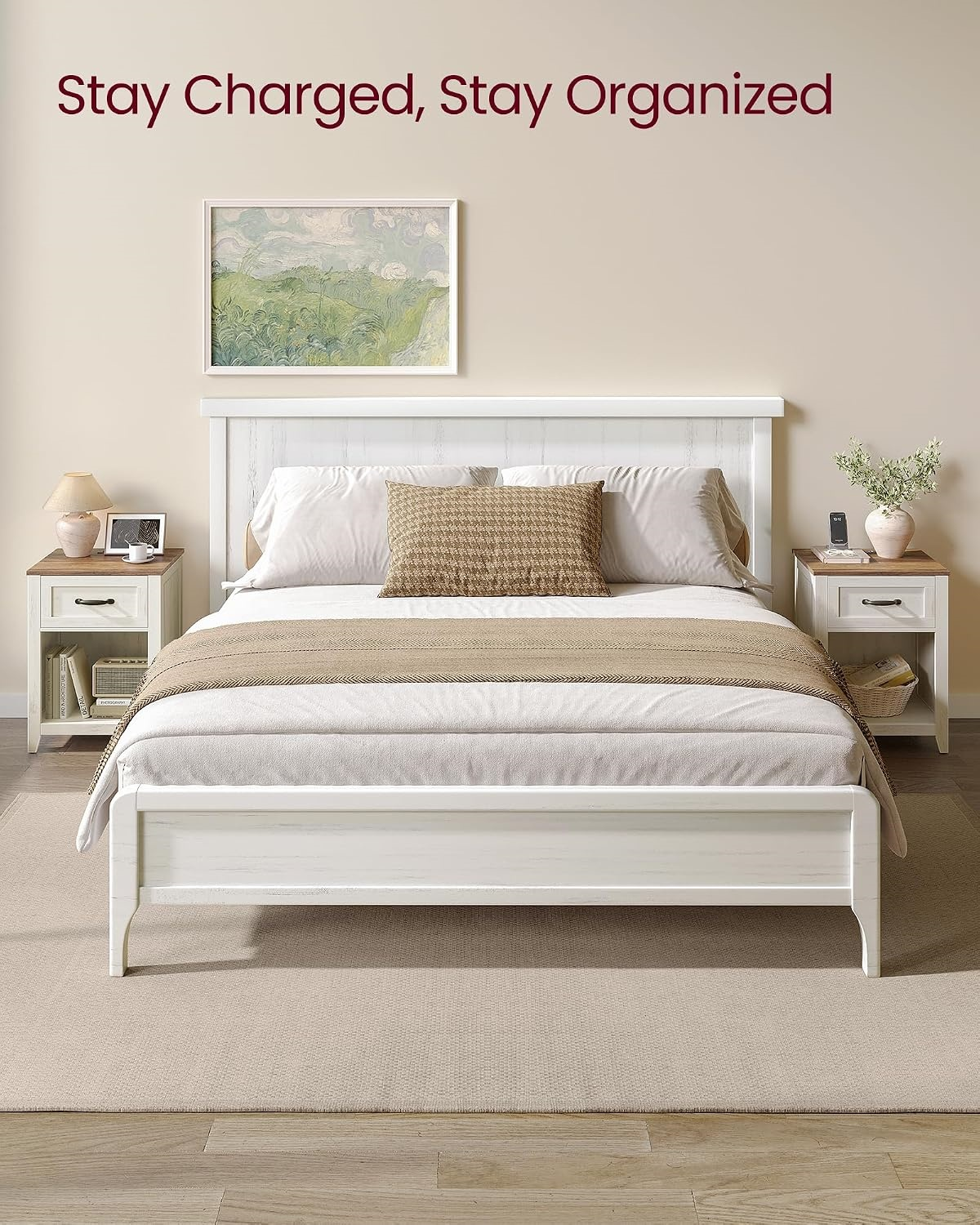 Country-style bedside table with charging station, two-piece set, bedside table with drawers and open shelves, suitable for bedroom.