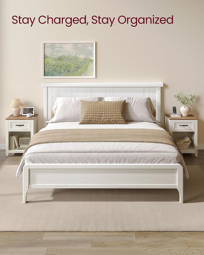 Country-style bedside table with charging station, two-piece set, bedside table with drawers and open shelves, suitable for bedroom.